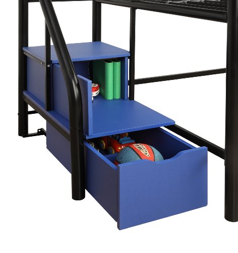 DHP Junior Twin Metal Loft Bed with Storage Steps, Multifunctional Space-Saving Solution - Black with Blue Steps