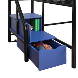 DHP Junior Twin Metal Loft Bed with Storage Steps, Multifunctional Space-Saving Solution - Black with Blue Steps