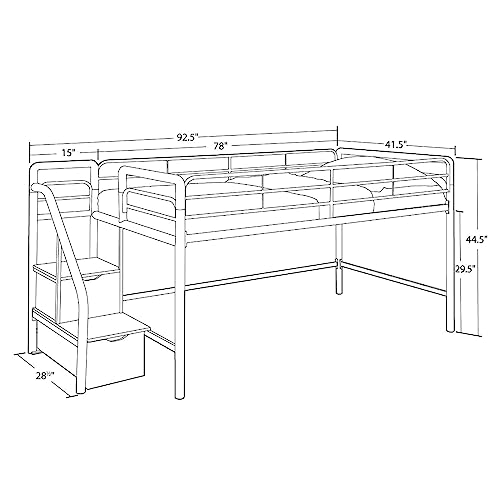 DHP Junior Twin Metal Loft Bed with Storage Steps, Multifunctional Space-Saving Solution - Black with Blue Steps