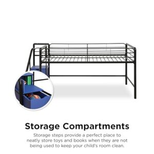 DHP Junior Twin Metal Loft Bed with Storage Steps, Multifunctional Space-Saving Solution - Black with Blue Steps