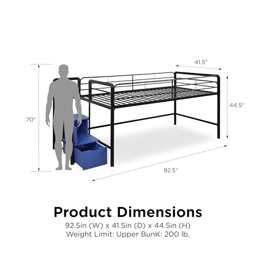 DHP Junior Twin Metal Loft Bed with Storage Steps, Multifunctional Space-Saving Solution - Black with Blue Steps