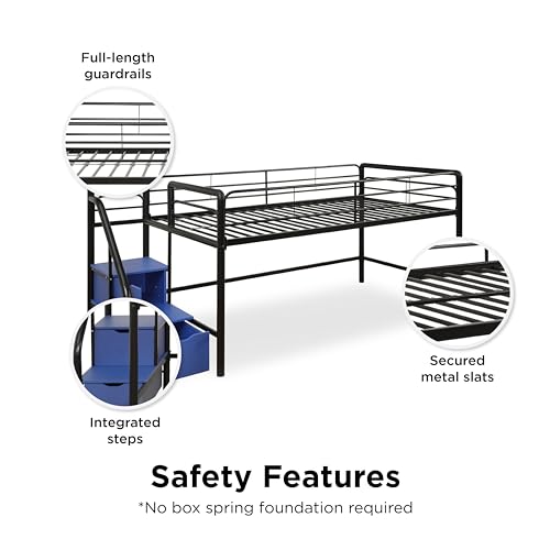 DHP Junior Twin Metal Loft Bed with Storage Steps, Multifunctional Space-Saving Solution - Black with Blue Steps