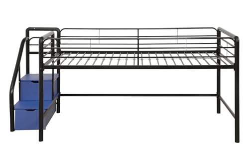 DHP Junior Twin Metal Loft Bed with Storage Steps, Multifunctional Space-Saving Solution - Black with Blue Steps