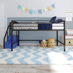 DHP Junior Twin Metal Loft Bed with Storage Steps, Multifunctional Space-Saving Solution - Black with Blue Steps