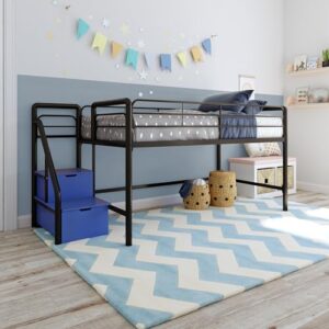 DHP Junior Twin Metal Loft Bed with Storage Steps, Multifunctional Space-Saving Solution - Black with Blue Steps