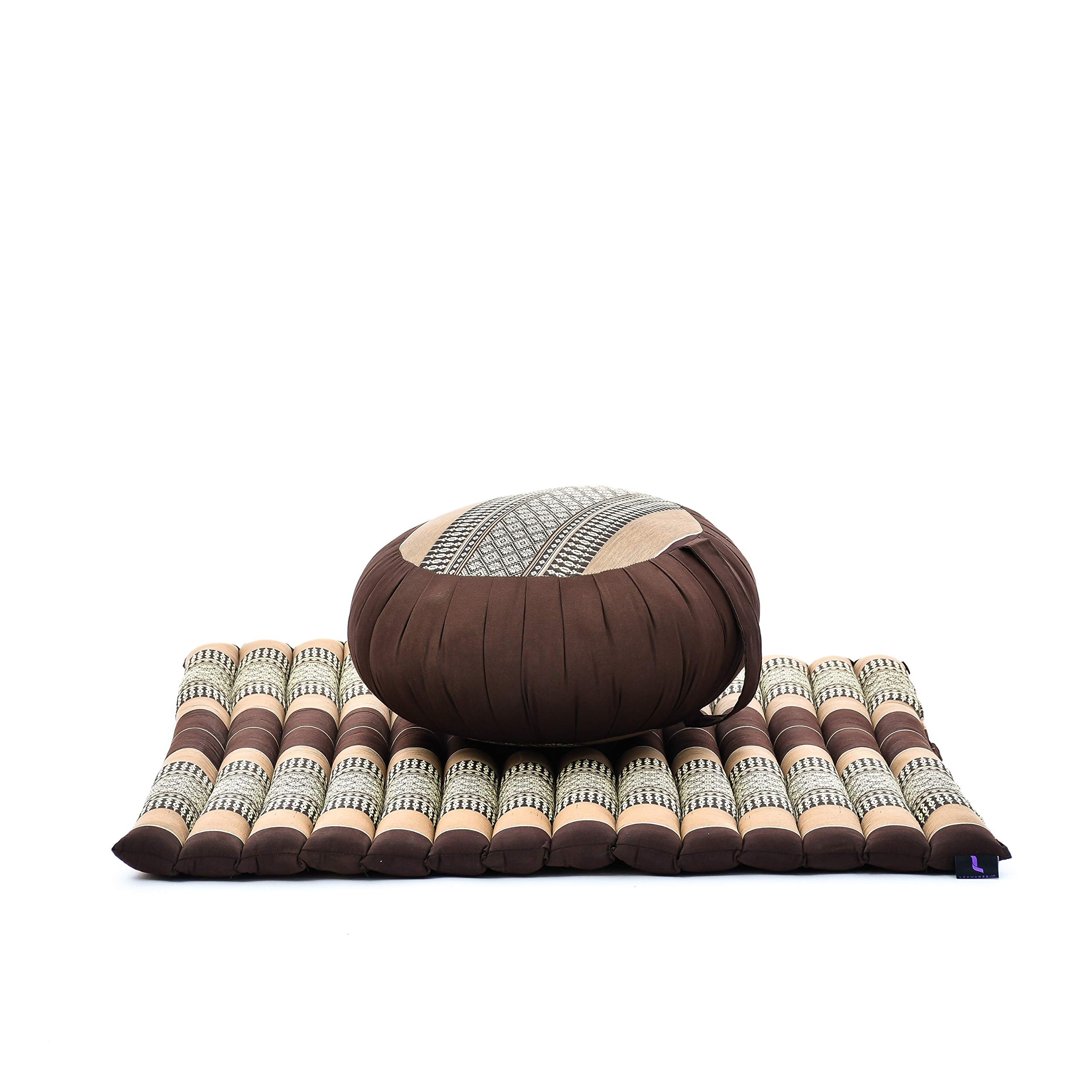 Leewadee Meditation Cushion Set – 1 Round Zafu Yoga Pillow and 1 Square Roll-Up Zabuton Mat Filled with Eco-Friendly Kapok, Brown