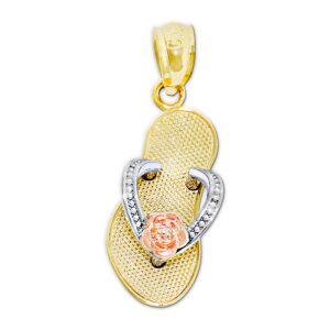 Gold Flip-flop Sandal with Flower Charm - 10 Karat Solid Gold - Sandal Pendant (Style 1)