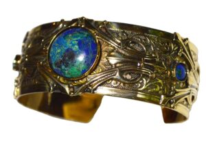 elaine coyne collectible artwear hand polished antique brass art deco motif cuff bracelet - chrysocolla