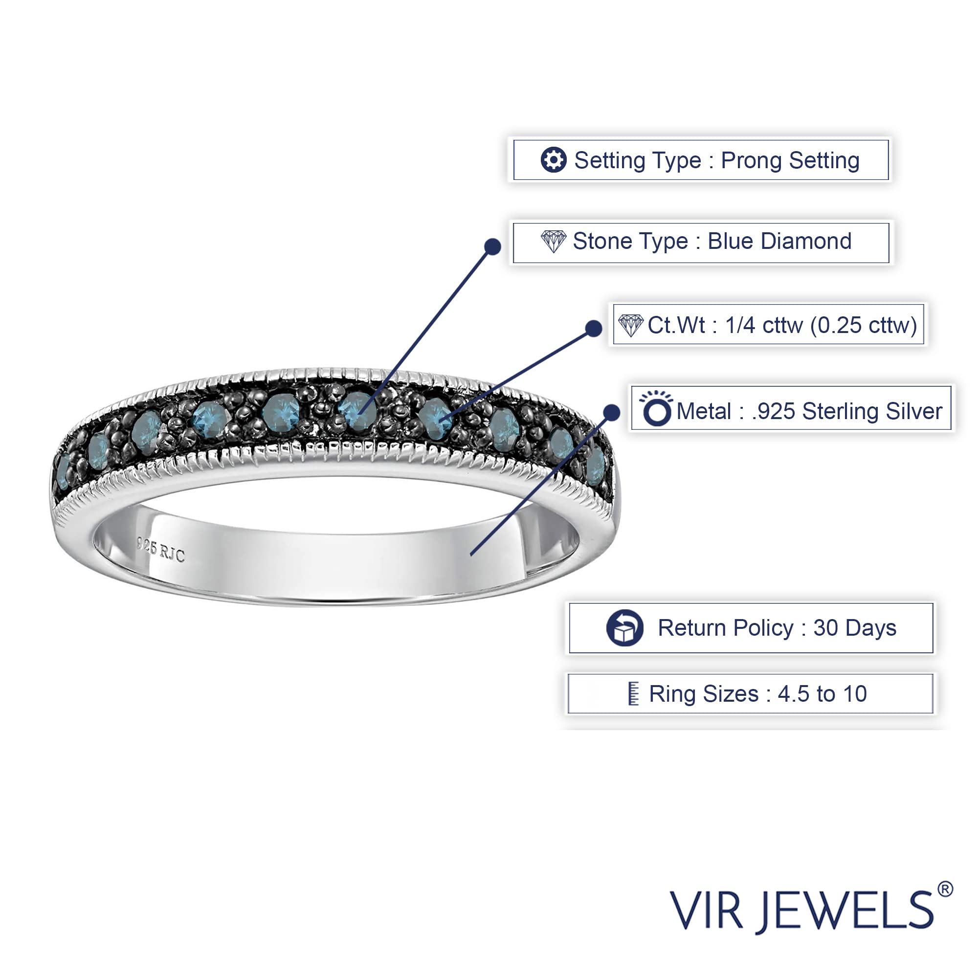 Vir Jewels 1/4 cttw Blue Diamond Ring .925 Sterling Silver with Milgrain and Black Rhodium Size 6