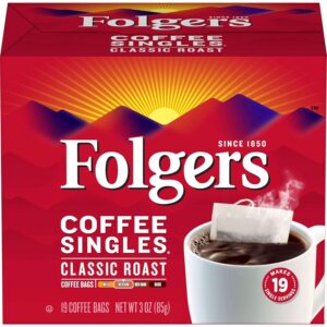 folgers coffee singles classic roast medium roast coffee, 19 count (pack of 12)