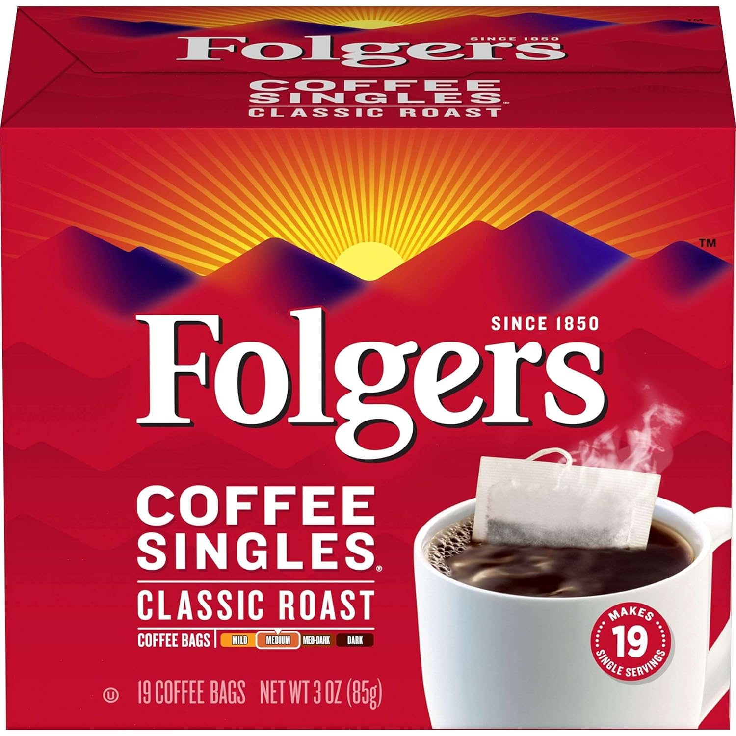 Folgers Coffee Singles Classic Roast Medium Roast Coffee, 19 Count (Pack of 12)