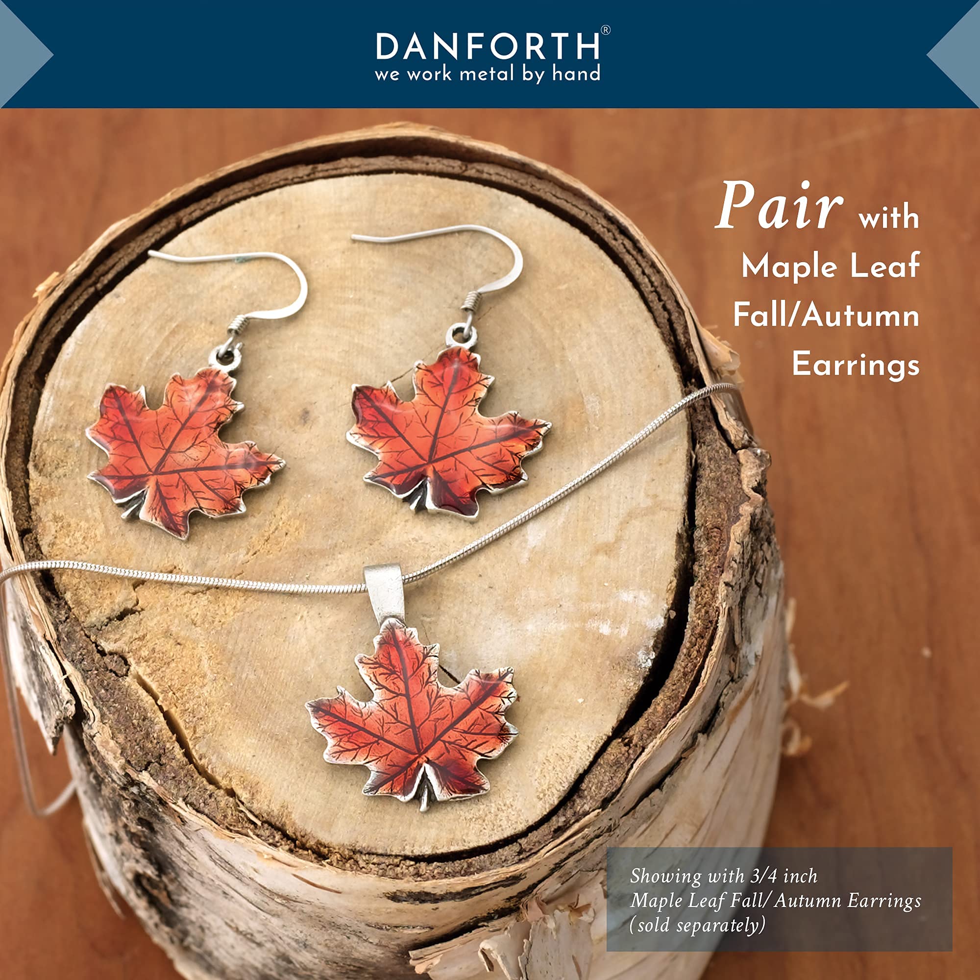 DANFORTH – 1” Maple Leaf Fall/Autumn Necklace, Pewter Pendant, Handcrafted, 18” Sterling Snake Chain, Made In USA