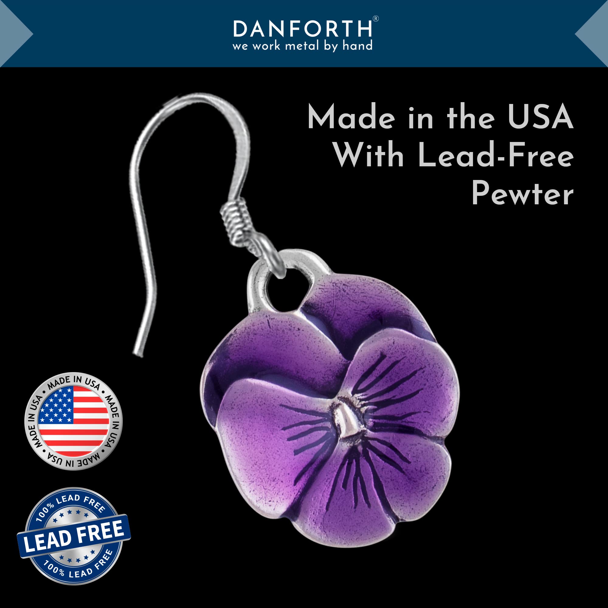 DANFORTH – Purple Pansy Earrings – Handcrafted Pewter Pansy Flower Earrings For Women – ¾” – Surgical Steel Wires – Made In USA