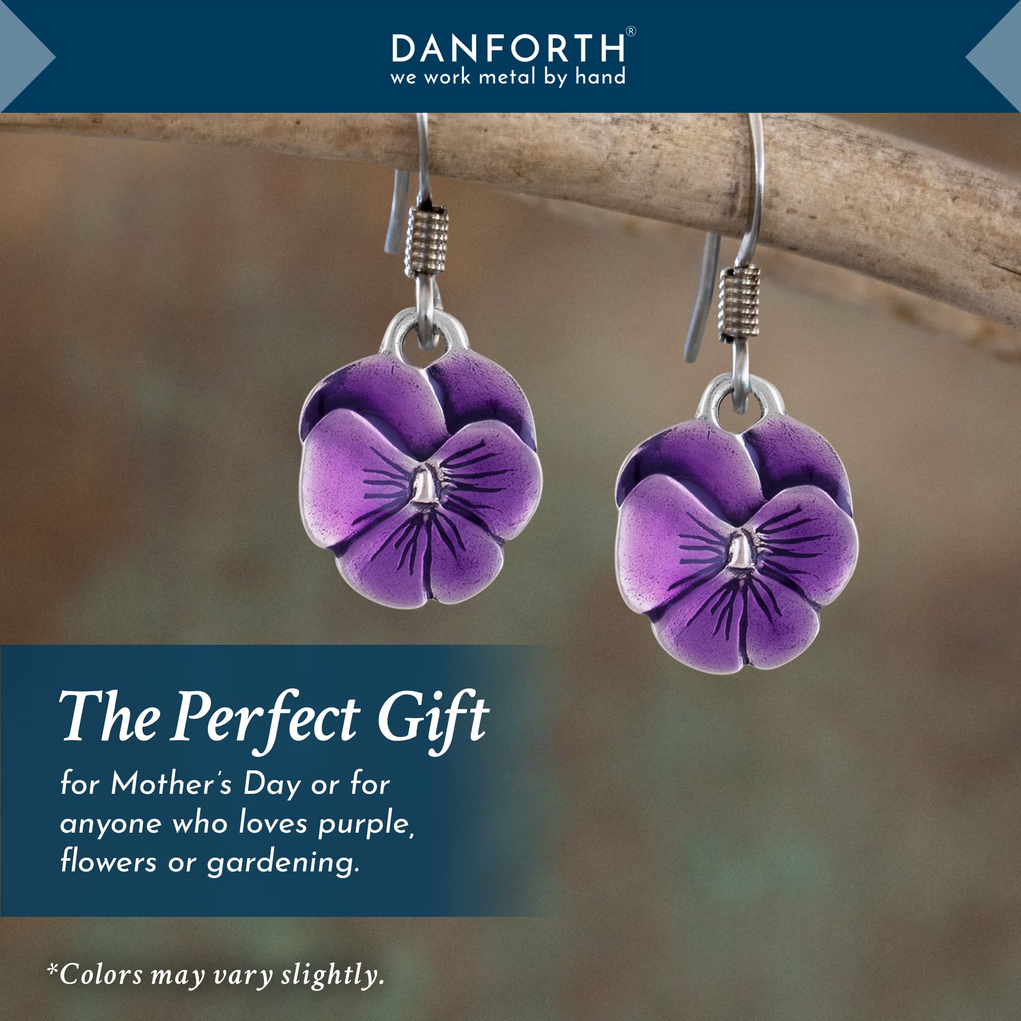 DANFORTH – Purple Pansy Earrings – Handcrafted Pewter Pansy Flower Earrings For Women – ¾” – Surgical Steel Wires – Made In USA