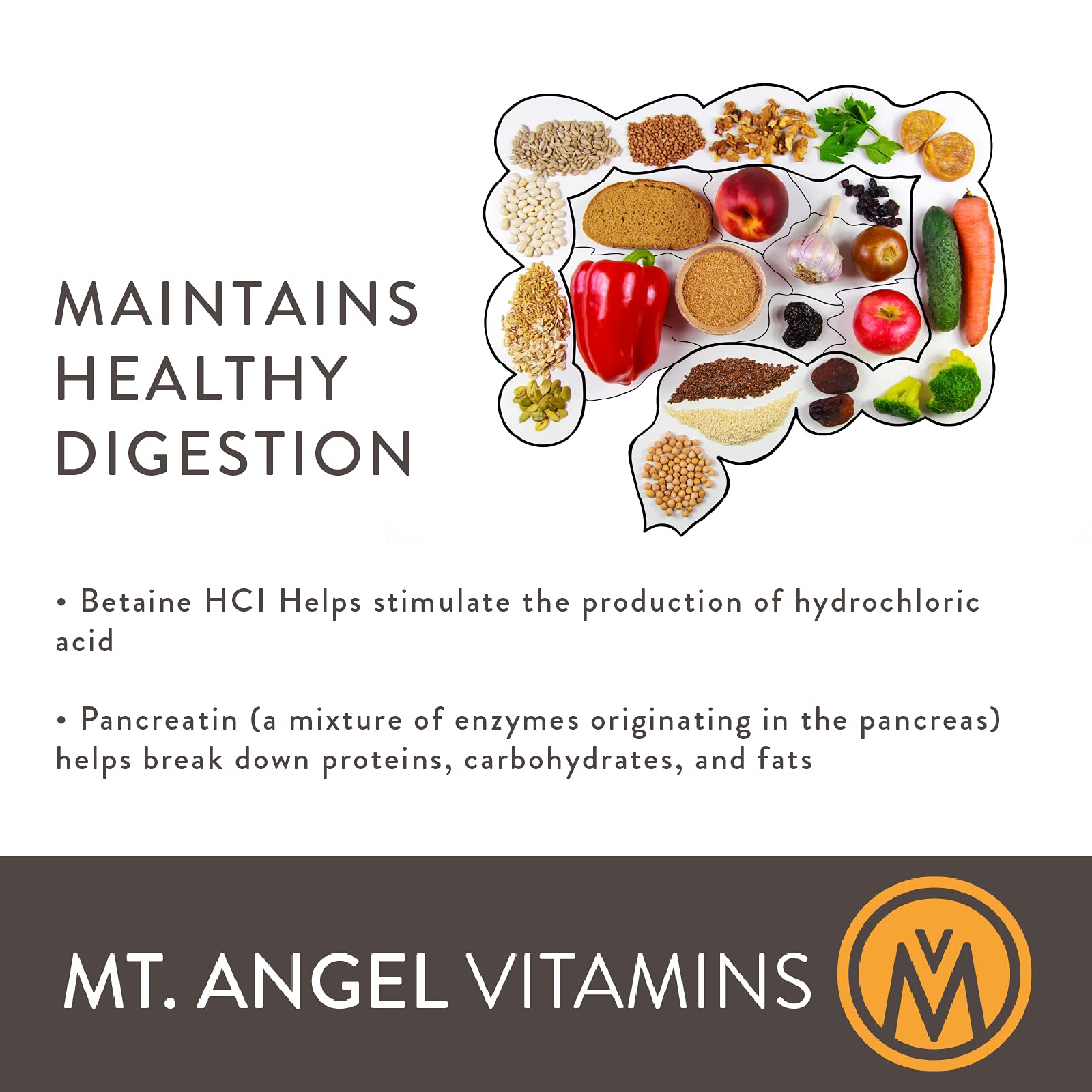 Mt. Angel Vitamins - Hydrochloric Acid Betaine, Supports Healthy Digestion & Gastric Juices (200 Vegetarian Chlorocaps)