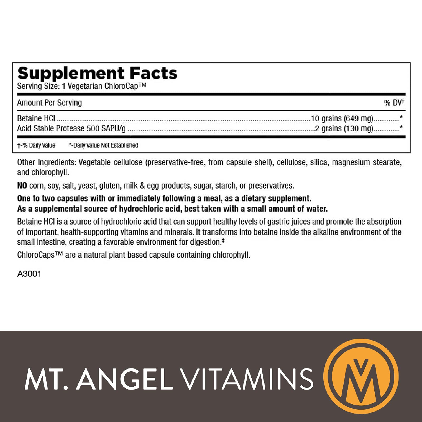 Mt. Angel Vitamins - Hydrochloric Acid Betaine, Supports Healthy Digestion & Gastric Juices (200 Vegetarian Chlorocaps)