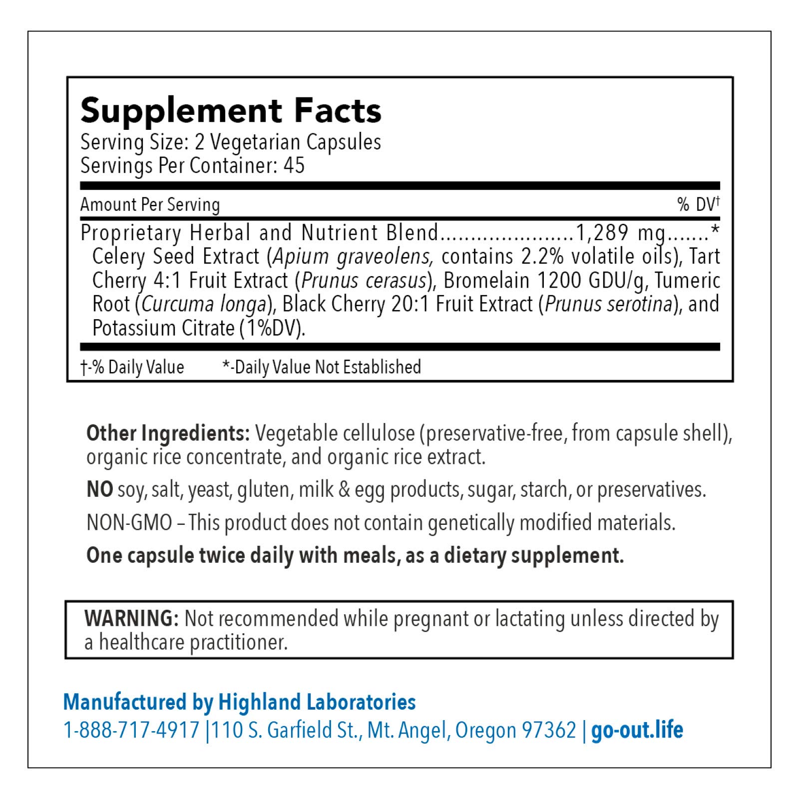 Go Out Daily Maintenance - Natural Uric Acid Support with Tart Cherry, Celery Seed, and Turmeric - Vegan, Non-GMO, Gluten-Free Supplement for Joint Comfort and Healthy Kidney Function 90 Capsules