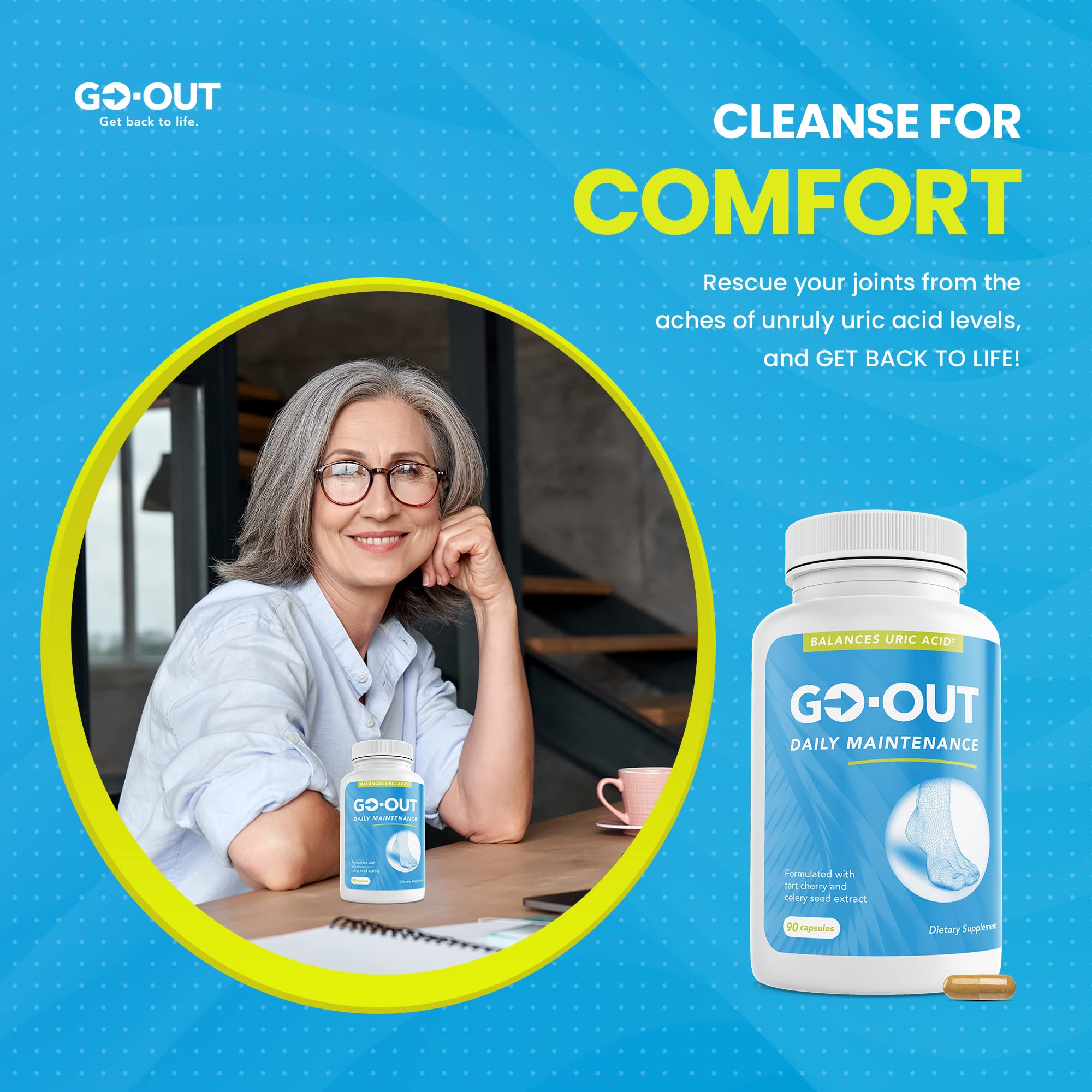 Go Out Daily Maintenance - Natural Uric Acid Support with Tart Cherry, Celery Seed, and Turmeric - Vegan, Non-GMO, Gluten-Free Supplement for Joint Comfort and Healthy Kidney Function 90 Capsules