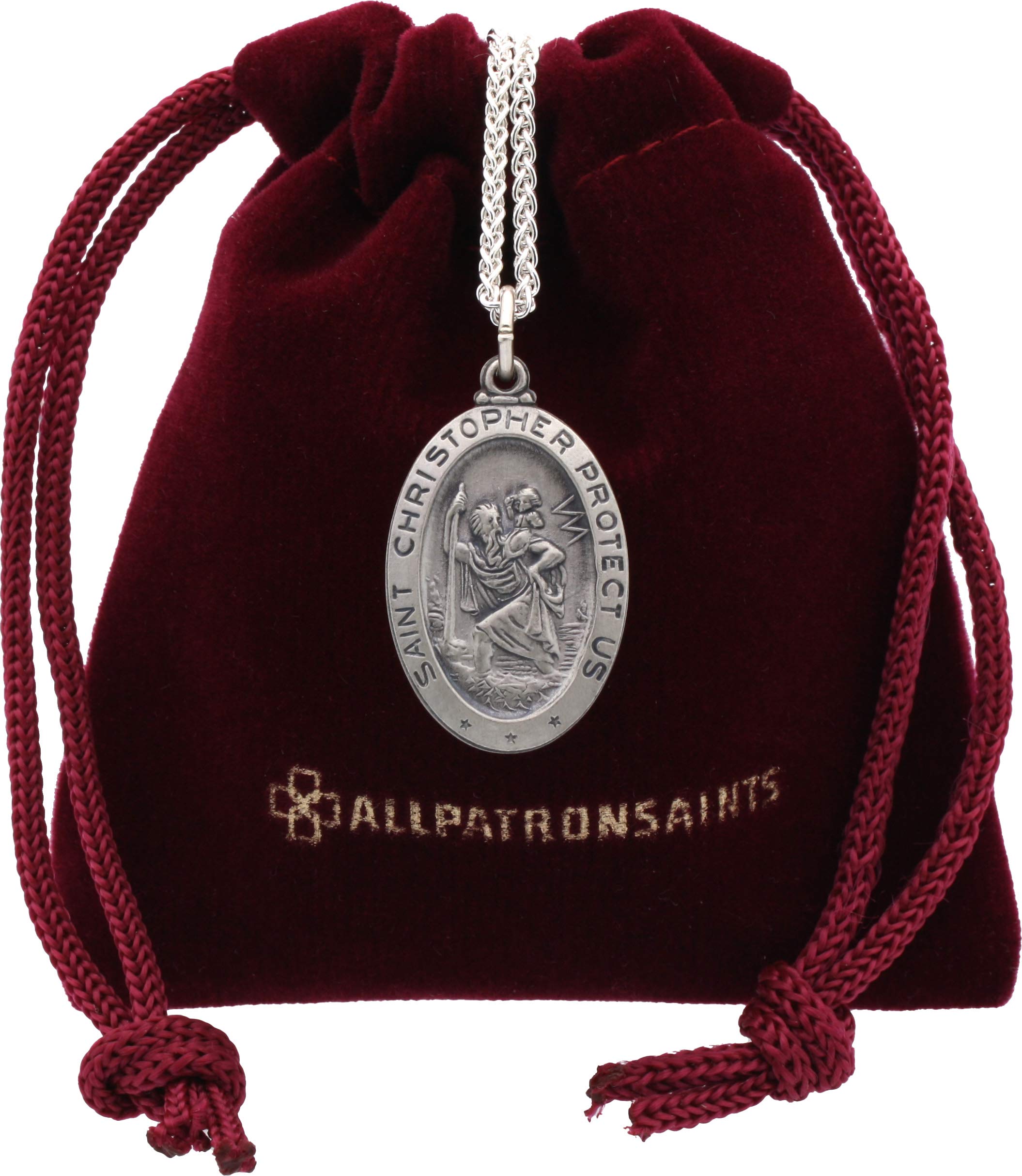 All Patron Saints Oval St Christopher Medal Necklace in Solid Sterling Silver Protect Us Medal 24 x 16 MM With 24 Inch Chain (Adult Male)