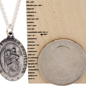 All Patron Saints Oval St Christopher Medal Necklace in Solid Sterling Silver Protect Us Medal 24 x 16 MM With 24 Inch Chain (Adult Male)