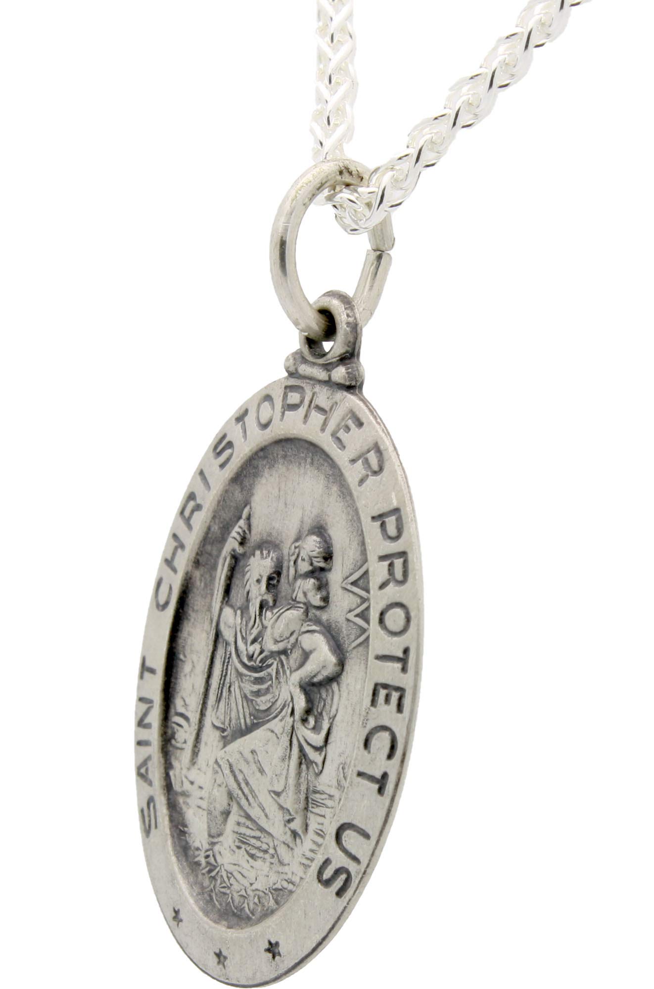 All Patron Saints Oval St Christopher Medal Necklace in Solid Sterling Silver Protect Us Medal 24 x 16 MM With 24 Inch Chain (Adult Male)