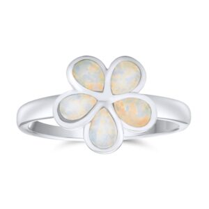 Bling Jewelry White Created Opal Hawaiian Plumeria Flower Ring For Women For Teen .925 Sterling Silver October Birthstone