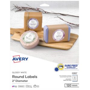 avery 2" round labels for laser & inkjet printers, 600 glossy white labels total, 5 packs (22807)