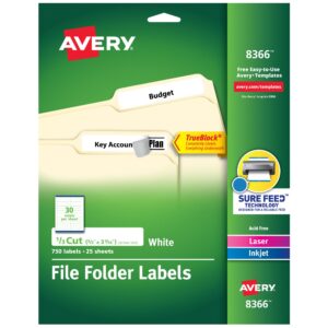 Avery File Folder Labels with TrueBlock Technology, Permanent Adhesive, 2/3" x 3-7/16", Laser/Inkjet, 5-Pack, 3,750 Labels Total (08366)