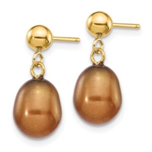 14K Yellow Gold 7mm Brown Rice Freshwater Cultured Pearl Drop Dangle Earrings