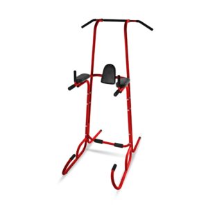 stamina x power tower with vkr - dip bar pull up bar station with smart workout app - dip bars for home workout - up to 250 lbs weight capacity - red