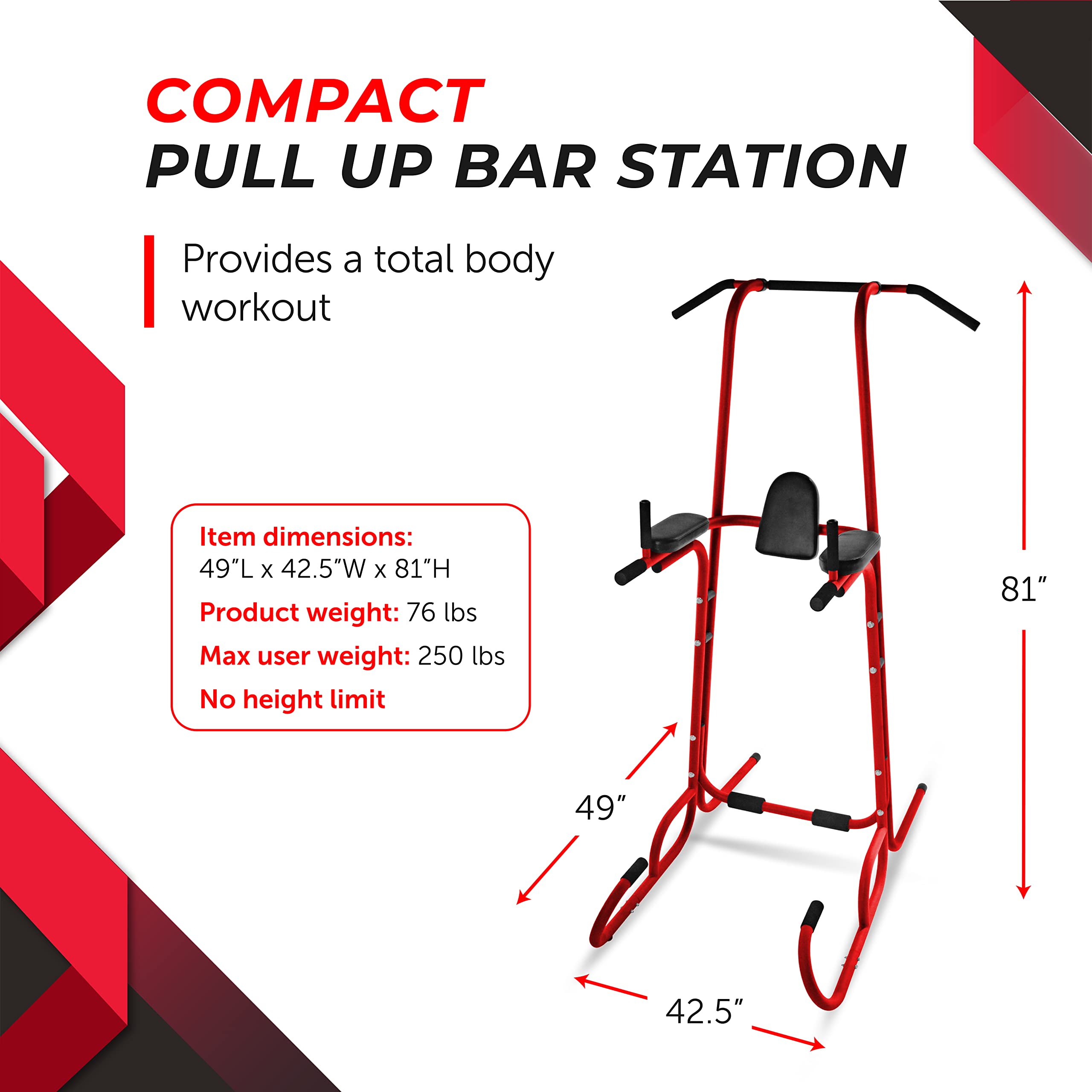 Stamina X Power Tower with VKR - Dip Bar Pull Up Bar Station with Smart Workout App - Dip Bars for Home Workout - Up to 250 lbs Weight Capacity - Red