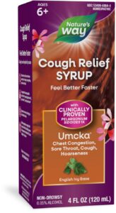 nature's way cough relief syrup, umcka, chest congestion, sore throat, cough, hoarseness, phenylephrine free, homeopathic, non-drowsy, 4 fl oz (packaging may vary)