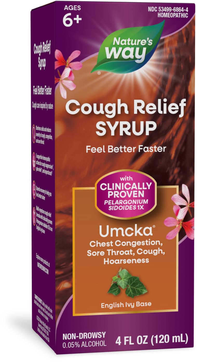 Nature's Way Cough Relief Syrup, Umcka, Chest Congestion, Sore Throat, Cough, Hoarseness, Phenylephrine Free, Homeopathic, Non-Drowsy, 4 Fl Oz (Packaging May Vary)