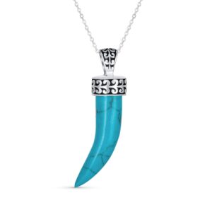 Protection Tooth Amulet Blue Turquoise Gemstone Cornicello Italian Horn L Chili Pepper Pendant Necklace Western Jewelry For Women For Men Oxidized .925 Sterling Silver Scroll