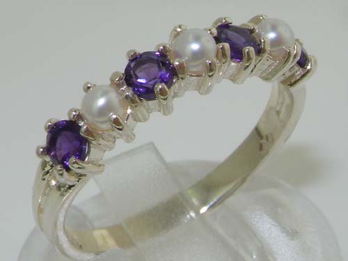 925 Sterling Silver Cultured Pearl & Amethyst Womens Anniversary Ring - Size 8