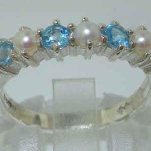 LetsBuyGold 925 Sterling Silver Cultured Pearl & Blue Topaz Womans Eternity Band Ring - Size 10