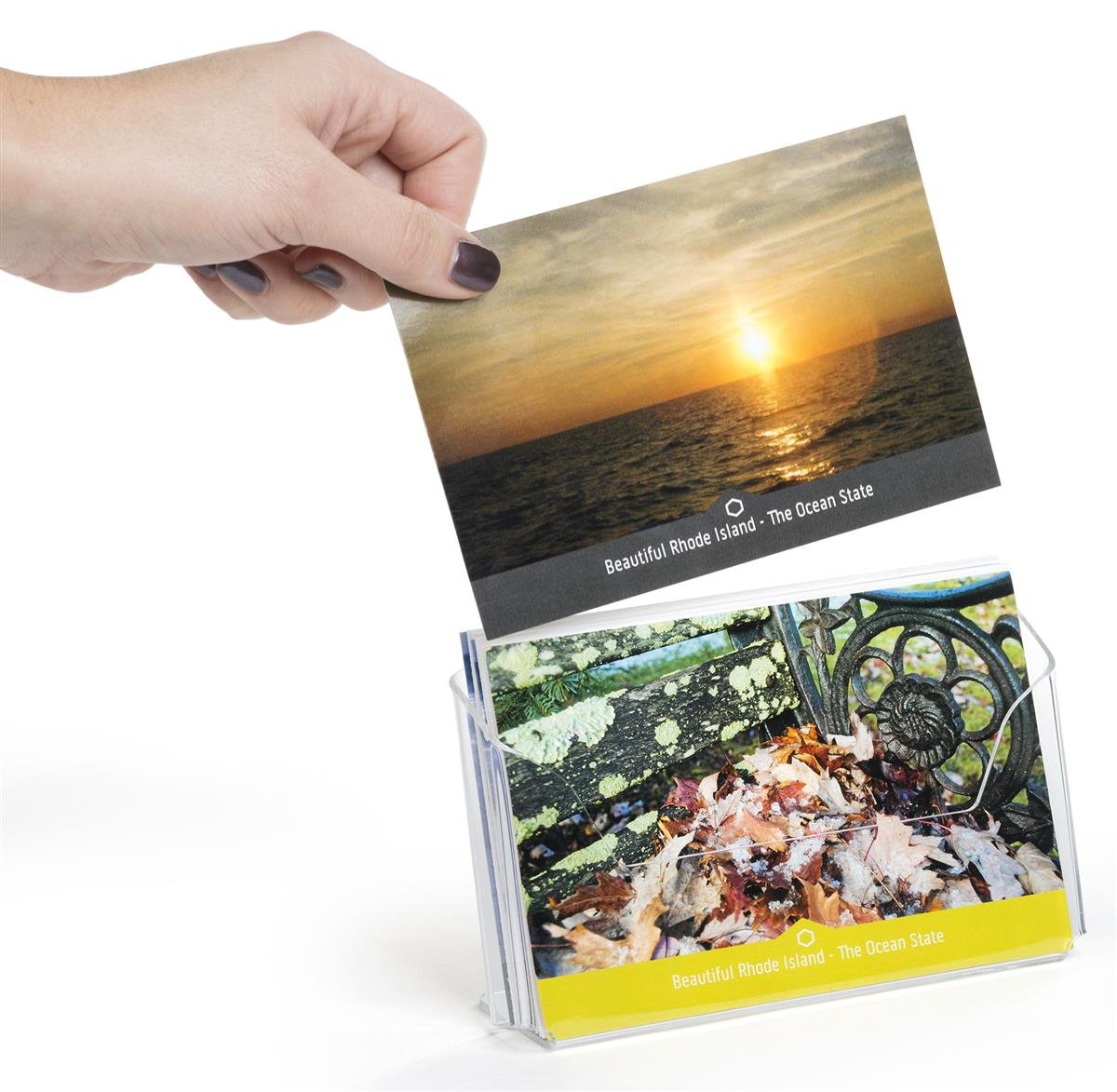 Displays2go Postcard Holders for Tabletop, Fits 6 x 4 Inch Cards, Set of Twenty – Clear (LHPCLAND)