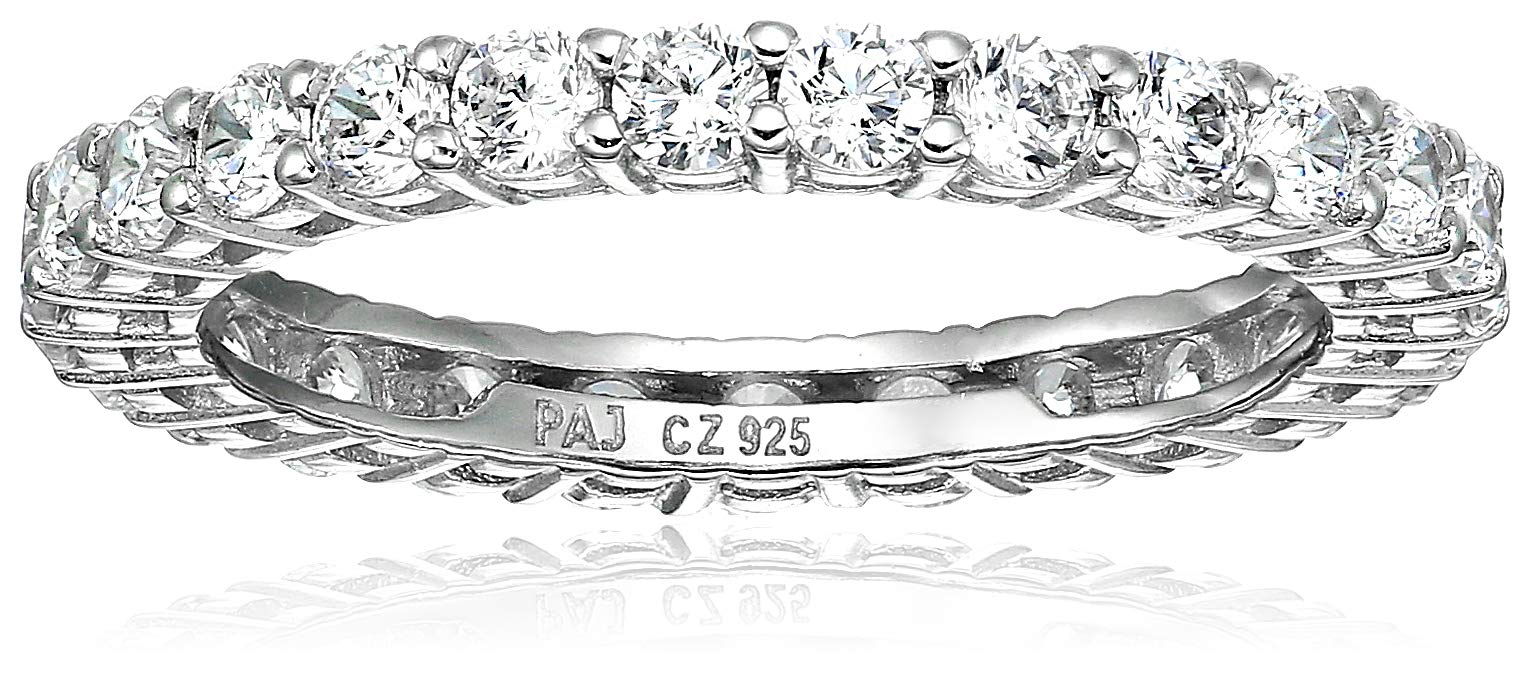 Amazon Essentials Platinum Over Sterling Silver Round Cut Cubic Zirconia All-Around Band Ring (2.5mm), Size 7, (previously Amazon Collection)