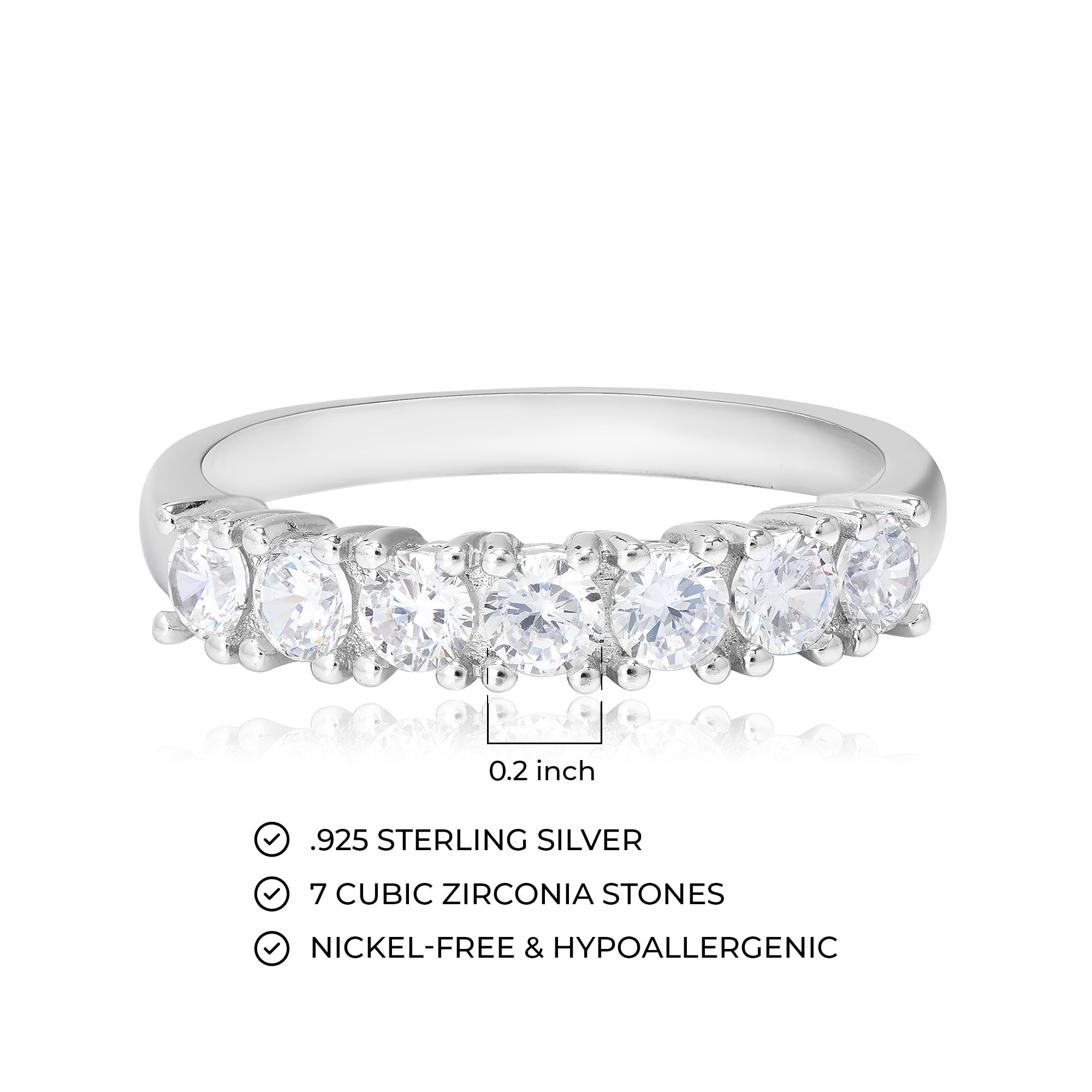 MORGAN & PAIGE Cubic Zirconia Wedding Anniversary Ring For Women - Brilliant Cut Seven Stone Classic Prong-Set Platinum Plated Sterling Silver Wedding Band - Size 8