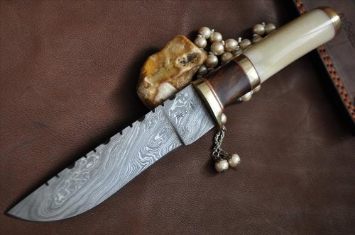 Perkin - Custom Handmade Damascus Hunting Knife - Bone & Burl Wood Handle