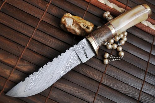 Perkin - Custom Handmade Damascus Hunting Knife - Bone & Burl Wood Handle