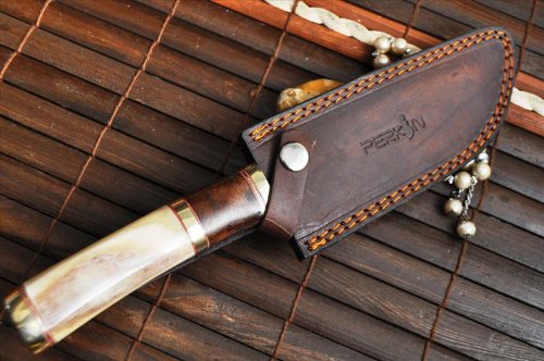 Perkin - Custom Handmade Damascus Hunting Knife - Bone & Burl Wood Handle