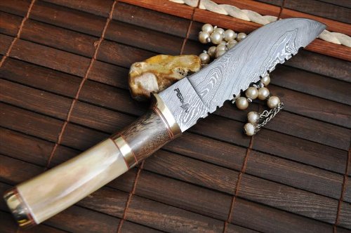 Perkin - Custom Handmade Damascus Hunting Knife - Bone & Burl Wood Handle