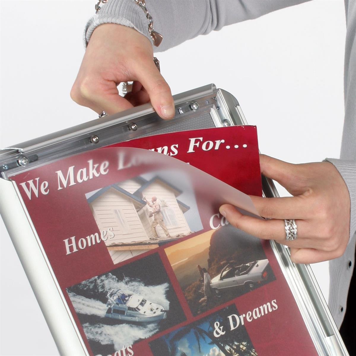 Sign Stand with Aluminum Snap Open Picture Frame and Clear Acrylic Brochure Holder for 8.5x11 Magazine, Free Standing Poster Display Holder - Aluminum and Steel, Silver