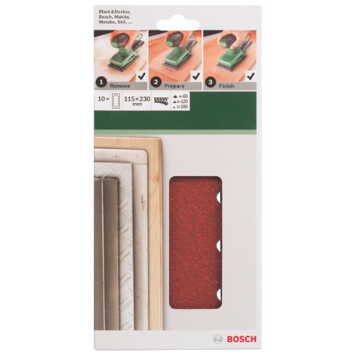 Bosch 10-Piece Sanding Sheet Set for Orbital Sanders Various Materials 115 x 230 mm Grit 60/120/180