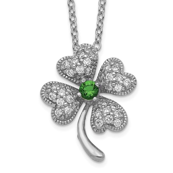 IceCarats 925 Sterling Silver Green Glass White Cubic Zirconia CZ 4 Leaf Lucky Clover Shamrock Flower Necklace 15 inch Chain