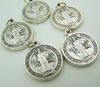 Lot of 5 Silver Toned Base Tone Saint Benedict Protection From Evil Sacremental Devotion 1 Inch Medal - Bomap official producer - 100% Made in italy - NO COPY