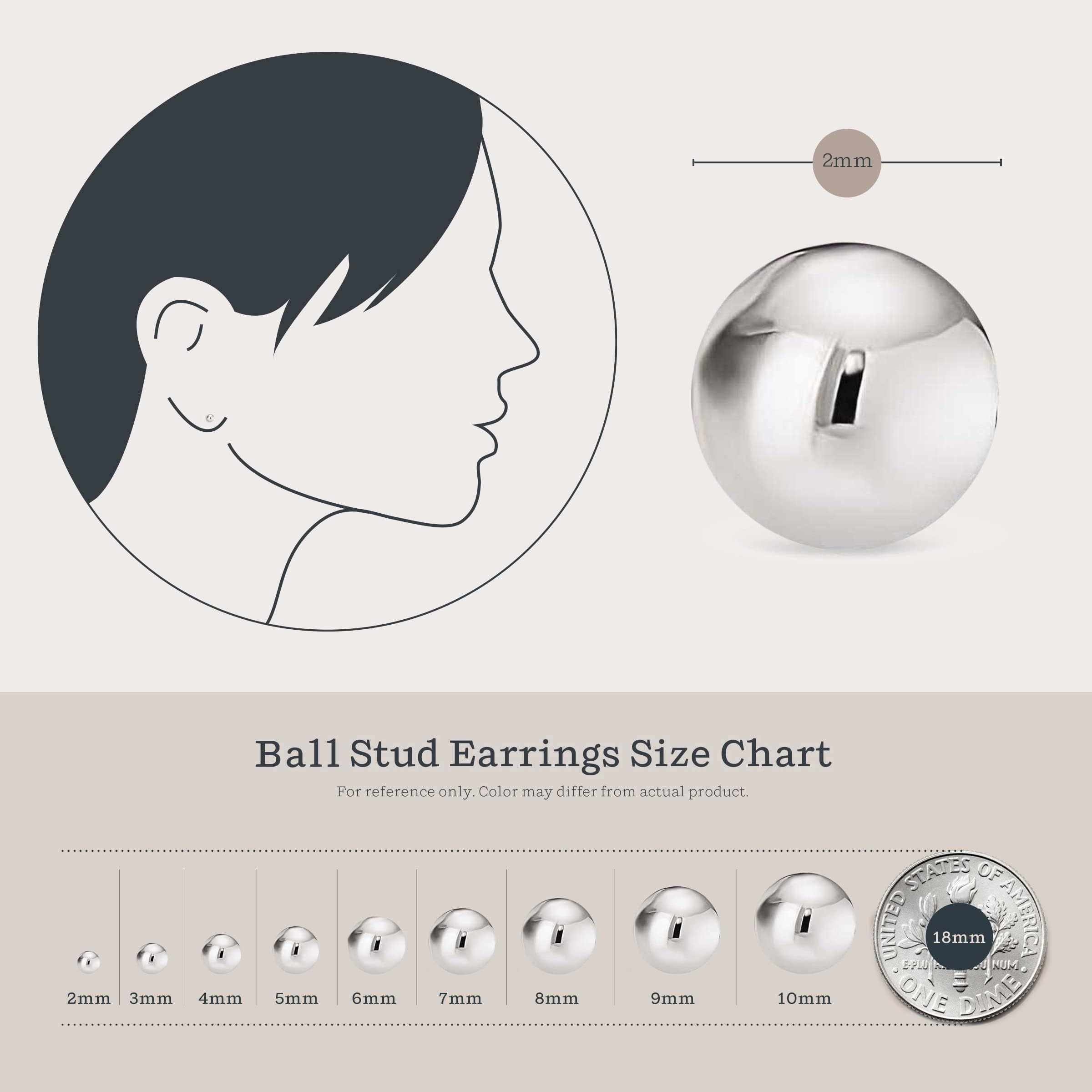 KEZEF 925 Sterling Silver Ball Stud Earrings for Women - Hypoallergenic Lightweight Small Stud Earrings for Women | 2mm Ball Earrings