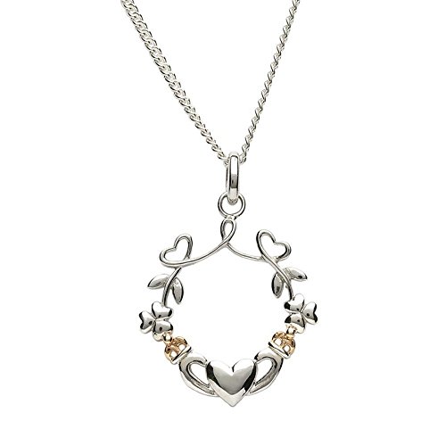 Biddy Murhphy Irish Sterling Silver Shamrock, Traditional Claddagh Heart Necklace, 10k Gold Crown Accent, 7/8" Inch, Timeless Celtic Jewelry for Women, Imported from Ireland