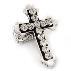 Avalaya 'Fleur de Lis' Crystal Set Statement Cross Stretch Ring In Vintage Silver Finish - 6cm Length - Adjustable size 7/8